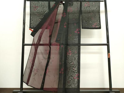 平和屋着物＊夏物　小紋　紗　草花文　黒地　正絹　逸品　CABK1147ou