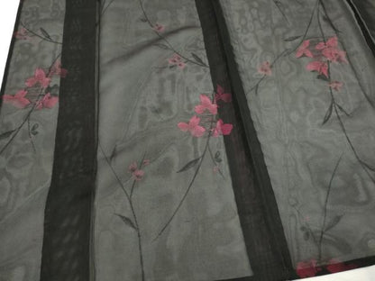 平和屋着物＊夏物　小紋　紗　草花文　黒地　正絹　逸品　CABK1147ou