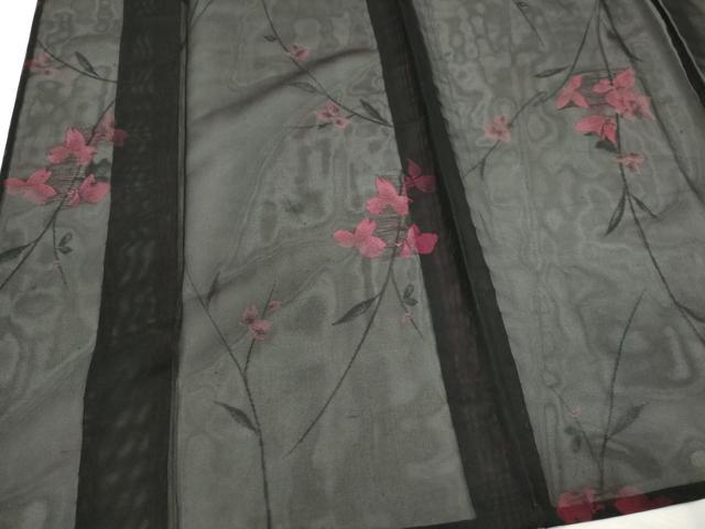 平和屋着物＊夏物　小紋　紗　草花文　黒地　正絹　逸品　CABK1147ou