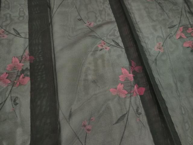 平和屋着物＊夏物　小紋　紗　草花文　黒地　正絹　逸品　CABK1147ou