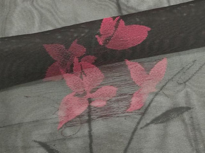 平和屋着物＊夏物　小紋　紗　草花文　黒地　正絹　逸品　CABK1147ou