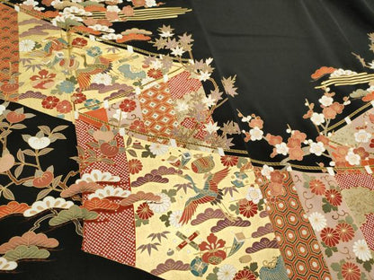 平和屋着物■豪華黒留袖　駒刺繍　飛鶴吉祥花文　金彩　正絹　逸品　CABK1168ou