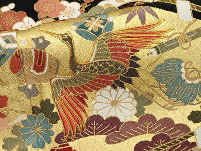 平和屋着物■豪華黒留袖　駒刺繍　飛鶴吉祥花文　金彩　正絹　逸品　CABK1168ou