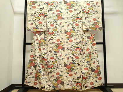 平和屋着物■上質な小紋　型染め　舞蝶草花文　正絹　逸品　CABK1170ou