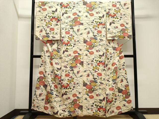 平和屋着物■上質な小紋　型染め　舞蝶草花文　正絹　逸品　CABK1170ou