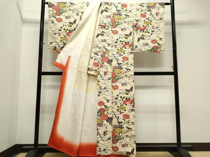 平和屋着物■上質な小紋　型染め　舞蝶草花文　正絹　逸品　CABK1170ou
