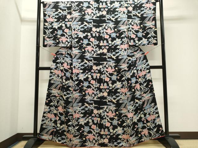 平和屋着物■上質な小紋　流水飛蝶花文　黒地　正絹　逸品　CABK1172ou