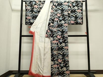 平和屋着物■上質な小紋　流水飛蝶花文　黒地　正絹　逸品　CABK1172ou