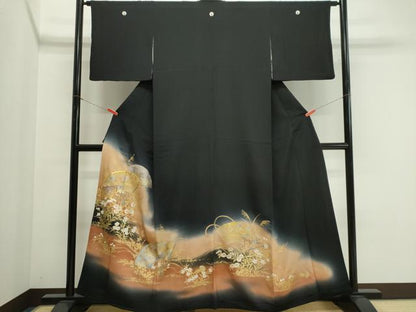 平和屋着物■豪華黒留袖　駒刺繍　扇面風景花文　暈し染め　金銀彩　正絹　逸品　CABK1183ou