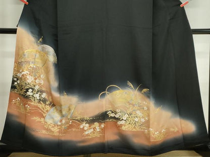 平和屋着物■豪華黒留袖　駒刺繍　扇面風景花文　暈し染め　金銀彩　正絹　逸品　CABK1183ou