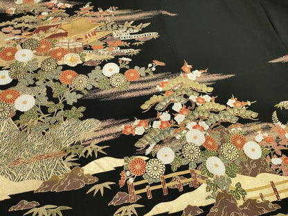 平和屋着物■豪華黒留袖　駒刺繍　風景文　金銀彩　正絹　逸品　CABK1184ou