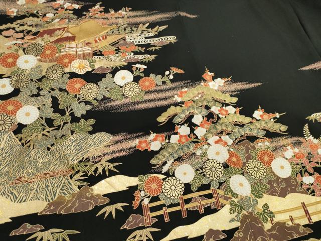 平和屋着物■豪華黒留袖　駒刺繍　風景文　金銀彩　正絹　逸品　CABK1184ou