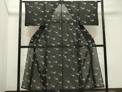 平和屋着物＊夏物　小紋　絽　草木文　黒地　正絹　逸品　CABK1191ou