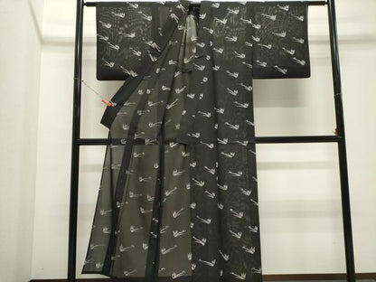 平和屋着物＊夏物　小紋　絽　草木文　黒地　正絹　逸品　CABK1191ou