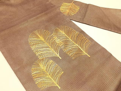 平和屋着物＊夏物　九寸名古屋帯　駒刺繍　総刺繍　松葉文　金糸　正絹　逸品　CABK1203fb