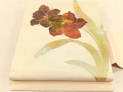 平和屋着物＊夏物　九寸名古屋帯　草花文　金糸　正絹　逸品　CABK1204fb