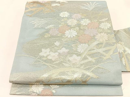 平和屋着物＊夏物　九寸名古屋帯　籬枝花文　金糸　正絹　逸品　CABK1212fb