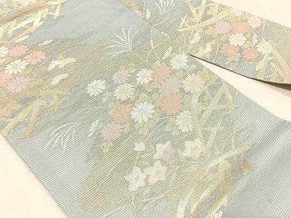 平和屋着物＊夏物　九寸名古屋帯　籬枝花文　金糸　正絹　逸品　CABK1212fb