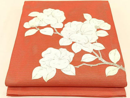 平和屋着物＊夏物　九寸開き名古屋帯　駒刺繍　総刺繍　枝椿　正絹　逸品　CABK1229fb