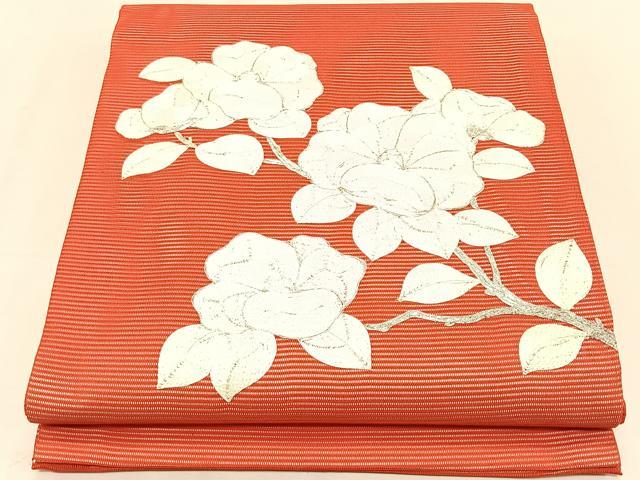 平和屋着物＊夏物　九寸開き名古屋帯　駒刺繍　総刺繍　枝椿　正絹　逸品　CABK1229fb