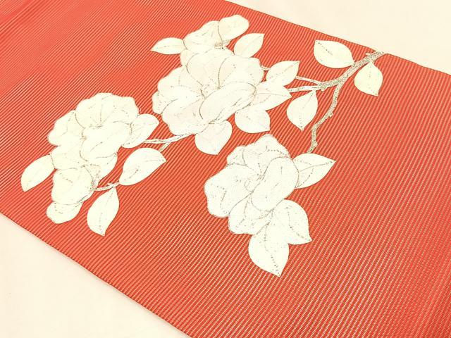 平和屋着物＊夏物　九寸開き名古屋帯　駒刺繍　総刺繍　枝椿　正絹　逸品　CABK1229fb