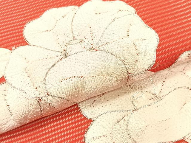 平和屋着物＊夏物　九寸開き名古屋帯　駒刺繍　総刺繍　枝椿　正絹　逸品　CABK1229fb