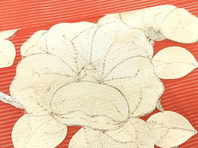 平和屋着物＊夏物　九寸開き名古屋帯　駒刺繍　総刺繍　枝椿　正絹　逸品　CABK1229fb