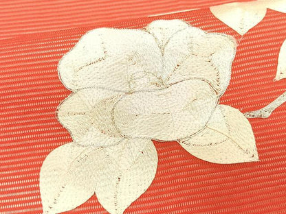 平和屋着物＊夏物　九寸開き名古屋帯　駒刺繍　総刺繍　枝椿　正絹　逸品　CABK1229fb