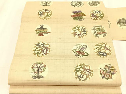 平和屋着物＊夏物　九寸名古屋帯　紬地　型染め　抽象丸様　正絹　逸品　CABK1236fb