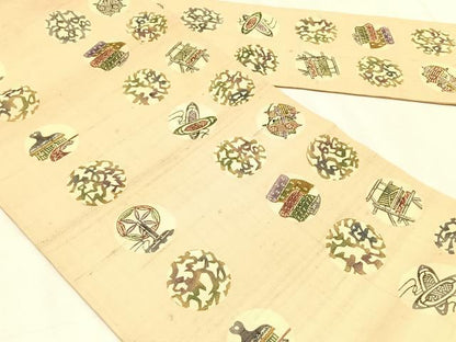 平和屋着物＊夏物　九寸名古屋帯　紬地　型染め　抽象丸様　正絹　逸品　CABK1236fb