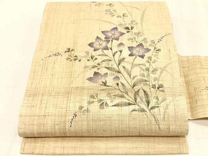 平和屋着物＊夏物　九寸名古屋帯　手描き　桔梗　麻　逸品　CABK1239fb