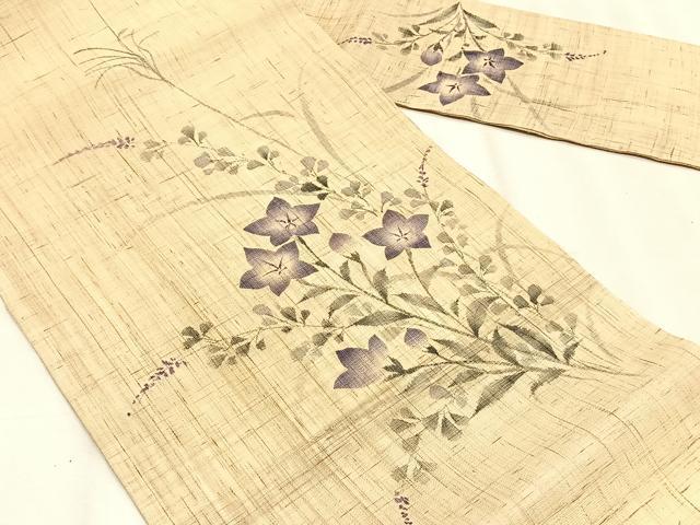 平和屋着物＊夏物　九寸名古屋帯　手描き　桔梗　麻　逸品　CABK1239fb