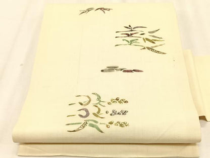平和屋着物＊夏物　松煙染の第一人者　川島草苑　九寸名古屋帯　絹芭蕉　型絵紅型染　飛鳥枝葉文　証紙付き　正絹　逸品　CABK1248fb