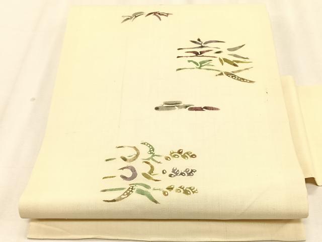 平和屋着物＊夏物　松煙染の第一人者　川島草苑　九寸名古屋帯　絹芭蕉　型絵紅型染　飛鳥枝葉文　証紙付き　正絹　逸品　CABK1248fb