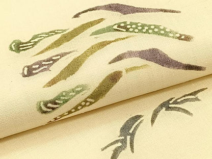平和屋着物＊夏物　松煙染の第一人者　川島草苑　九寸名古屋帯　絹芭蕉　型絵紅型染　飛鳥枝葉文　証紙付き　正絹　逸品　CABK1248fb