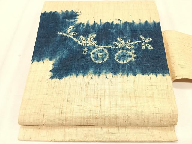 平和屋着物＊夏物　九寸名古屋帯　絞り　藍　枝花文　麻　逸品　CABK1259fb