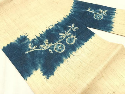 平和屋着物＊夏物　九寸名古屋帯　絞り　藍　枝花文　麻　逸品　CABK1259fb
