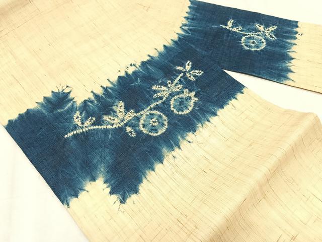 平和屋着物＊夏物　九寸名古屋帯　絞り　藍　枝花文　麻　逸品　CABK1259fb