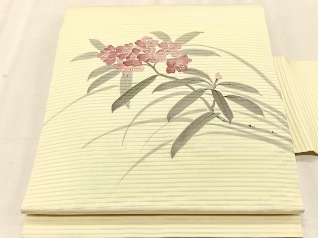 平和屋着物＊夏物　絽塩瀬　九寸名古屋帯　手描き　枝花文　正絹　逸品　CABK1263fb