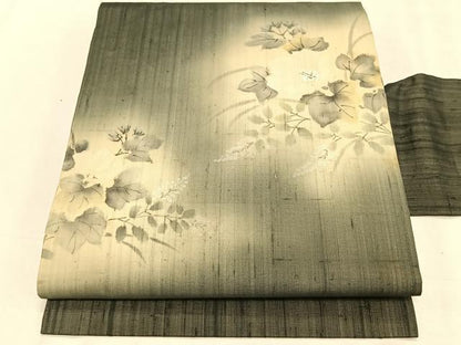 平和屋着物＊夏物　九寸名古屋帯　手描き　紬地　枝花文　正絹　逸品　CABK1274fb