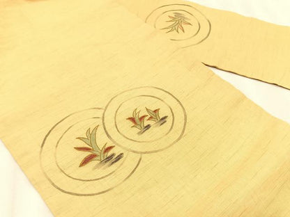 平和屋着物＊夏物　九寸名古屋帯　手描き　刺繍　草葉丸文　麻　逸品　CABK1276fb