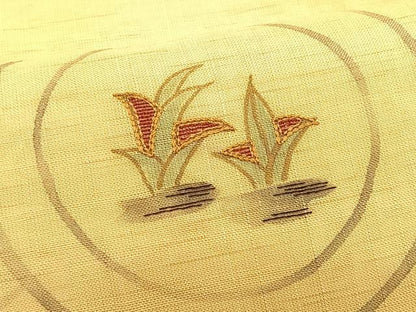 平和屋着物＊夏物　九寸名古屋帯　手描き　刺繍　草葉丸文　麻　逸品　CABK1276fb