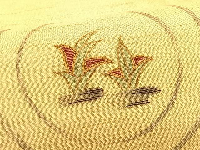 平和屋着物＊夏物　九寸名古屋帯　手描き　刺繍　草葉丸文　麻　逸品　CABK1276fb