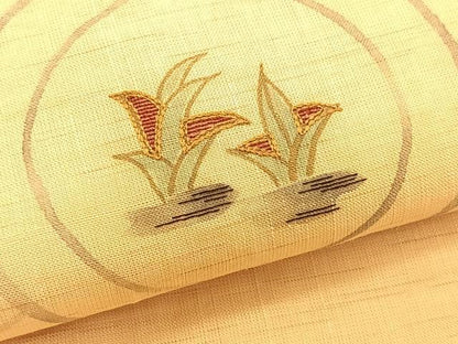 平和屋着物＊夏物　九寸名古屋帯　手描き　刺繍　草葉丸文　麻　逸品　CABK1276fb