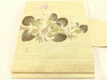 平和屋着物＊夏物　九寸名古屋帯　作家物　手描き　草花文　麻　逸品　CABK1277fb