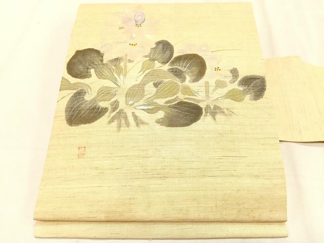 平和屋着物＊夏物　九寸名古屋帯　作家物　手描き　草花文　麻　逸品　CABK1277fb