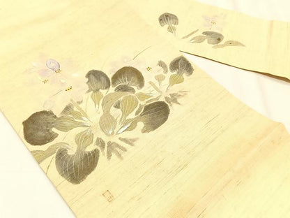 平和屋着物＊夏物　九寸名古屋帯　作家物　手描き　草花文　麻　逸品　CABK1277fb