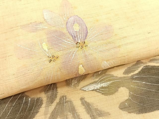 平和屋着物＊夏物　九寸名古屋帯　作家物　手描き　草花文　麻　逸品　CABK1277fb