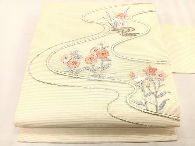平和屋着物＊夏物　九寸名古屋帯　駒刺繍　総刺繍　枝花文　銀糸　正絹　逸品　CABK1278fb