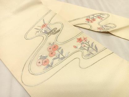 平和屋着物＊夏物　九寸名古屋帯　駒刺繍　総刺繍　枝花文　銀糸　正絹　逸品　CABK1278fb